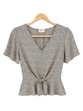 Sienna Sky Women Blouse M Black White Speckled Animal Print Tie Front Peplum Top